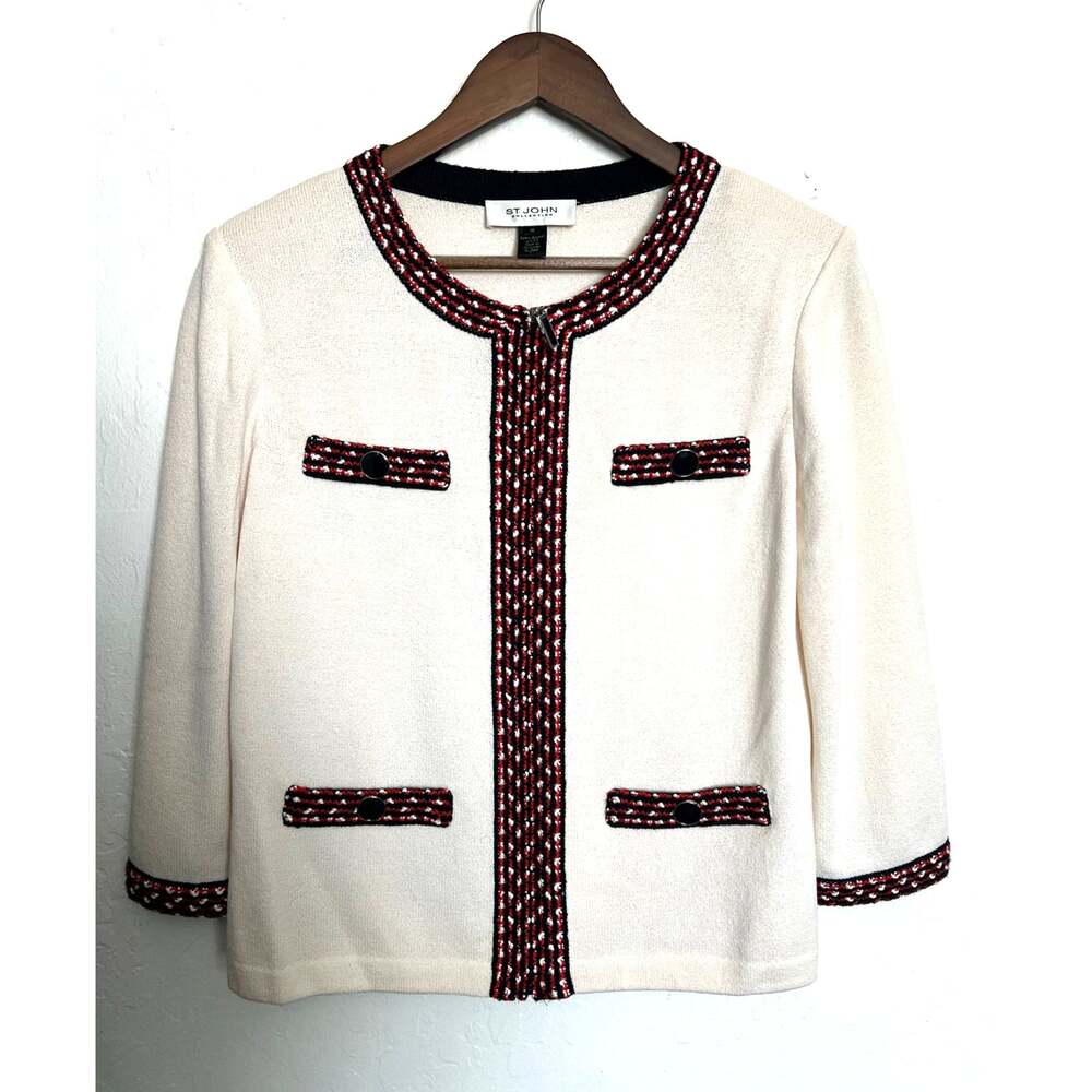 St John Jacket Sz 10 Santana Knit Sweater Full Zip Ivory Navy Red Trim Classic